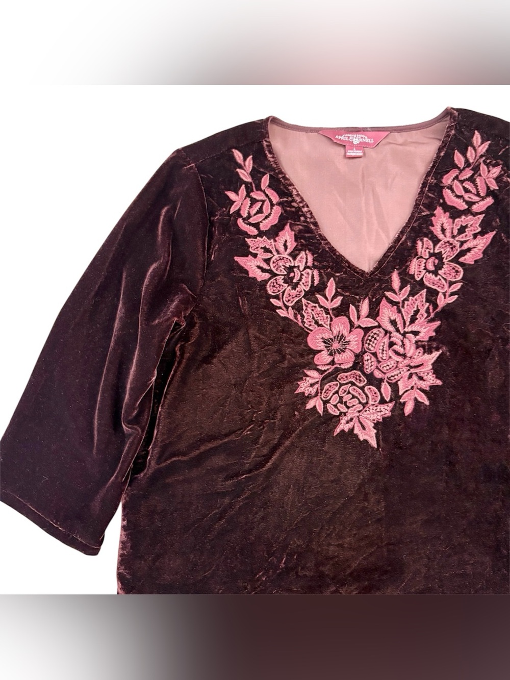 April Cornell Velvet V-Neck Embroidered Boho Tunic Top Large